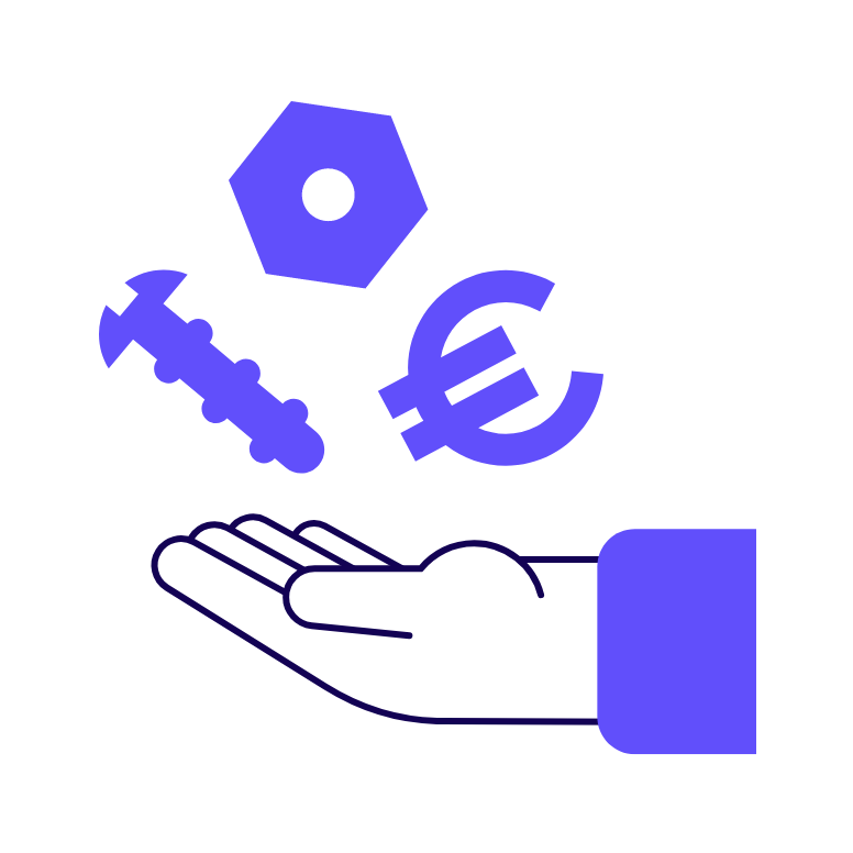 Illustration einer offenen Hand. Dar�ber schweben eine Schraube, eine Mutter und ein Euro-Zeichen